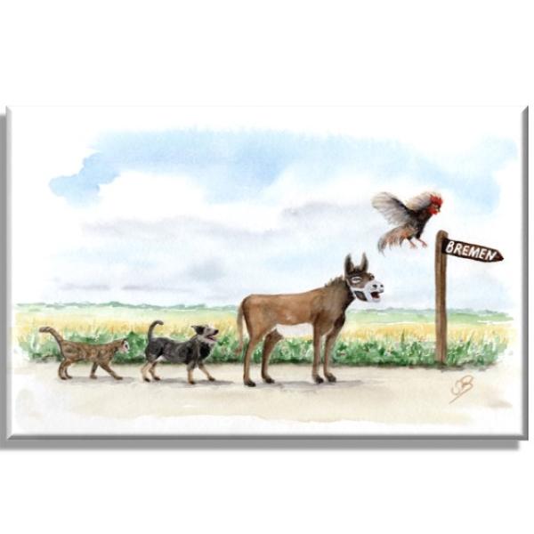 Leinwand 40 x 30 cm Keilrahmen Canvas-Leinen Aquarell Maritim Kunst Druck Kunstdruck Bremen Bremer Stadtmusikanten Nordsee Souvenir Souvenirs